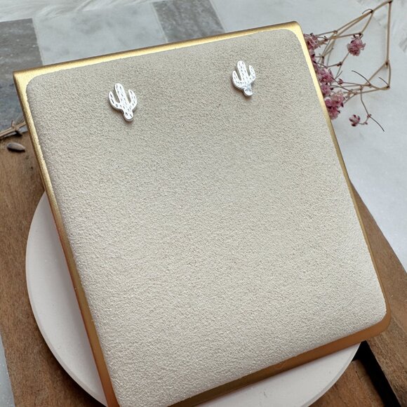 Cute Small Sterling Silver Cactus Stud Earrings | .925 Sterling Silver - Picture 1 of 3